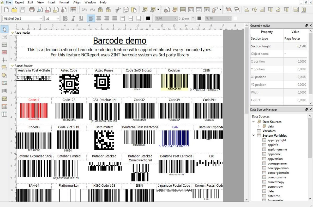 NCReport Designer showing a barcode demo report with dozens of barcode types, the geometry editor and the data source manager