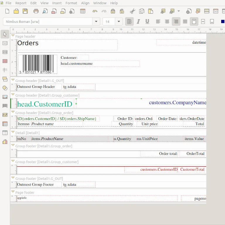 NCReport Designer editing a grouped orders report with page header, group sections and a barcode