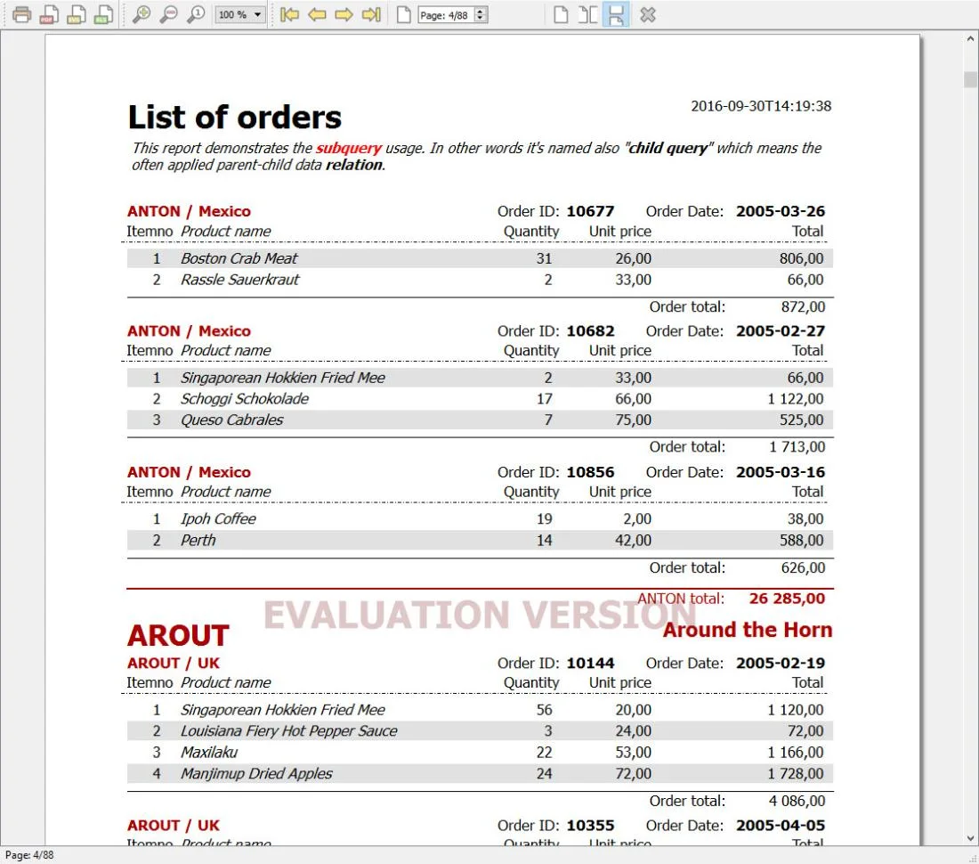 NCReport preview window displaying a multi-page list of orders grouped by customer with totals