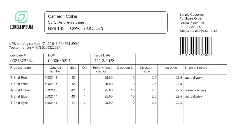 A purchase order document generated by NCReport, with address block, barcode and an itemised table