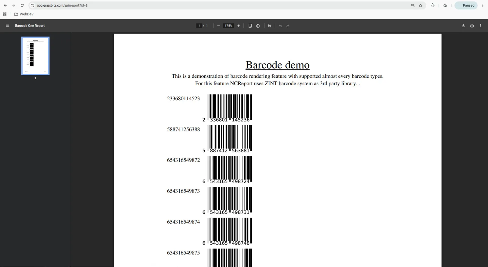 A barcode report returned as PDF by the NCReport REST API server, opened in a web browser
