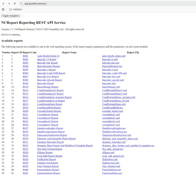The NCReport REST API service start page listing the available reports